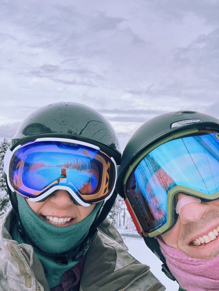 Angela and I snowboarding